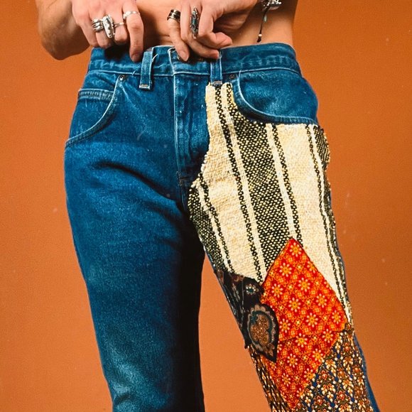 Reworked Vintage 60s 70s Retro Patchwork Statement Flare Dark Wash Jeans - Picture 8 of 8